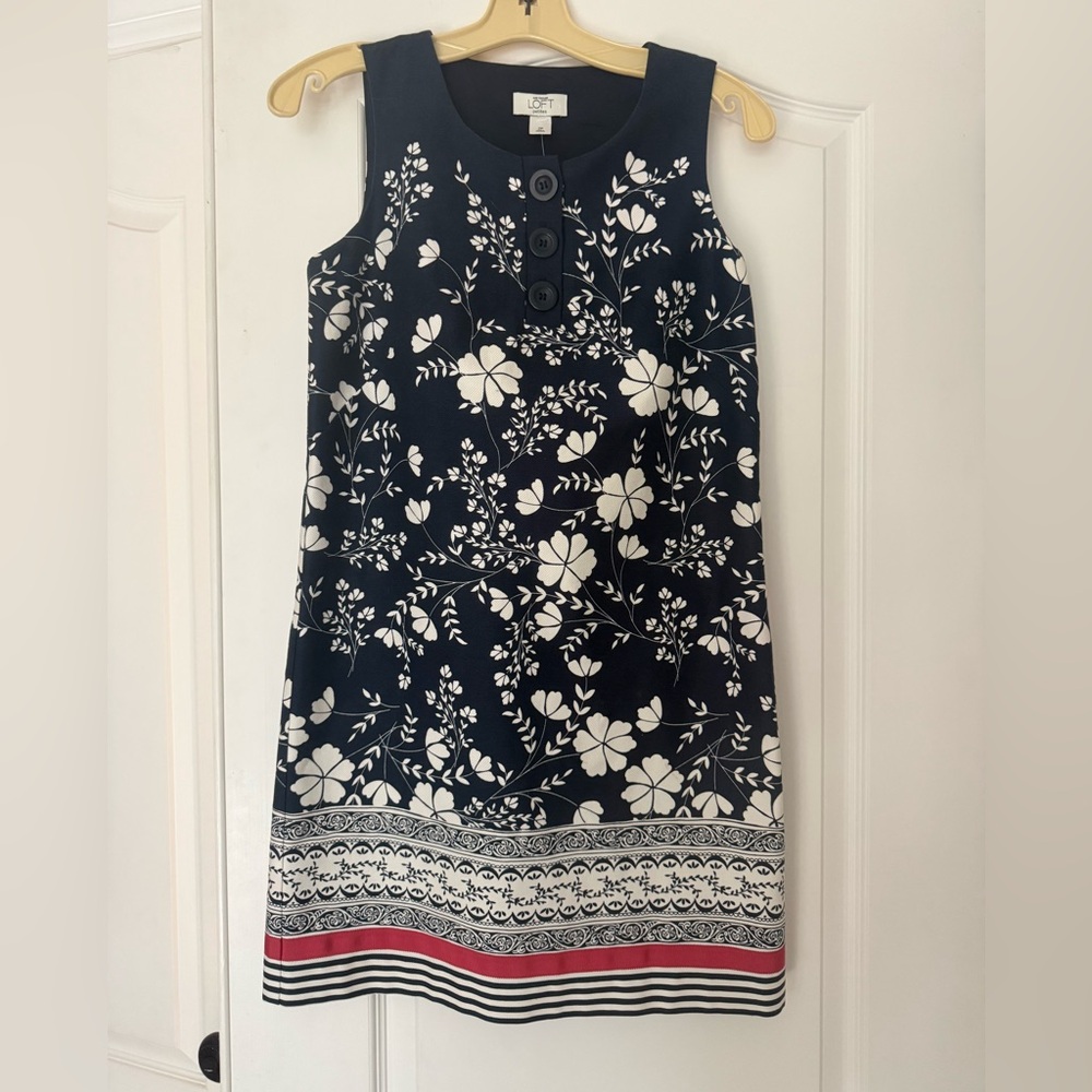 LOFT Sleeveless Floral Shift Dress Navy Ivory Button Detail Ribbon Hem Lined